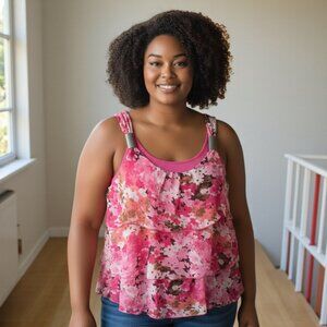 DRESSBARN (XL) Floral Sleeveless Pleated Ruffle Layered Stretchy Tank Top